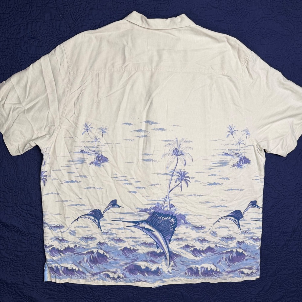 Tommy Bahama Mens 2XB Ivory Silk Cotton Marlin Tropical Hawaiian Fish Shirt Read - Picture 2 of 7